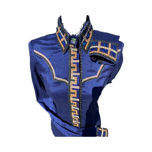 Chemise de spectacle western personnalisée pour femmes bleu marine boutonnée avec paillettes dorées et noires vêtements de rodéo et équestre - Product Image 3