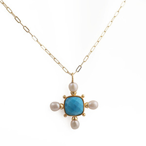 Blue Turquoise Adjustable Chain Pendant <b>Necklace</b> - Gold Plated Multi Fresh Water Pearl Gemstone <b>Statement</b> Jewelry - Product Image 2