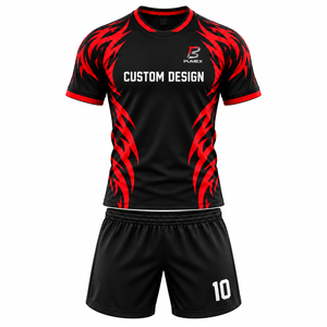 Ensemble de football pour hommes adultes pour clubs, maillot et short de football rouge et noir, col rond, coupe athlétique, uniforme respirant - Product Image 3