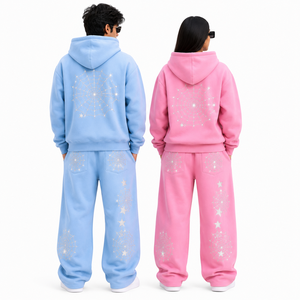 Unisex 2PC <b>Tracksuit</b> Set Full Zip Hoodie Jogger Pants Spiderweb Rhinestone Graphic <b>Matching</b> <b>Couple</b> Streetwear Custom Logo OEM - Product Image 3