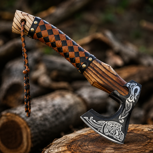 Hache viking artisanale – Hachette nordique Val Knut gravée de 15 pouces, lame en acier au carbone, manche en frêne et bois de rose, hache tomahawk forgée à la main - Product Image 2