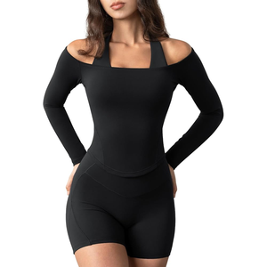 Women Seamless <b>Black</b> Off-The-Shoulder <b>Long</b> Sleeve Yoga <b>Top</b> With Cut-Out Design Solid Color Skinny Fit Activewear - Product Image 1