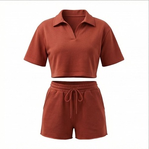 Conjunto de 2 Piezas para Mujer, Color Sólido, Manga Corta, Top Corto Tipo Polo y Pantalones Cortos por Encima de la Rodilla, Estilo Casual para Primavera/Verano - Product Image 1