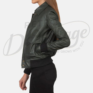 Women's <b>Leather</b> Women Dark Green <b>Real</b> <b>Leather</b> <b>Jacket</b> Shirt Collar Slim Fit Premium Cow Skin Casual Winter Bomber Style Outerwear - Product Image 4