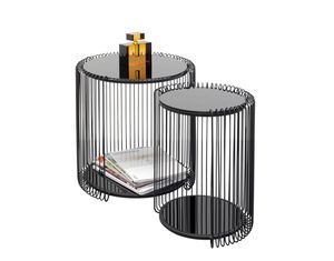 Ensemble de 2 tables basses en fer au design antique, finition noire, plateau en verre, pour chambre à coucher, salon, hôpital - Meubles en métal durables - Product Image 1