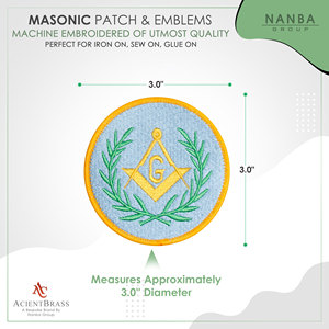 Wreathed Square & Compass Round Embroidered Iron-On Masonic Patch Light Blue Green & <b>Gold</b> 3'' Diameter for Hats & Apparel - Product Image 3