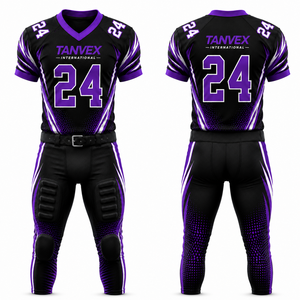 Ensemble d'uniformes de football américain pour hommes, maillot à col en V à manches courtes imprimé par transfert thermique, pantalon respirant 100% à l'avant - Product Image 2