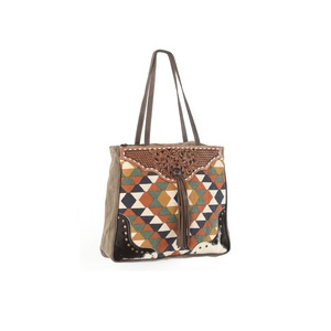 High Quality Hand Tooled Leather <b>Tote</b> Handbag With Handblocked Rug Top Indian Manufacturer & Supplier Saman Exports - Product Image 2