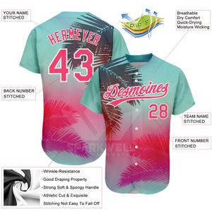 Maillot de baseball/softball personnalisé à imprimé dégradé de palmiers, unisexe pour adultes, manches courtes, sublimé, boutonné sur le devant, respirant, en polyester - Product Image 2