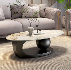 Grande table basse ovale en marbre, confectionnée avec un plateau en bois cannelé sur deux pieds, disponible à prix de gros. - Product Image 6