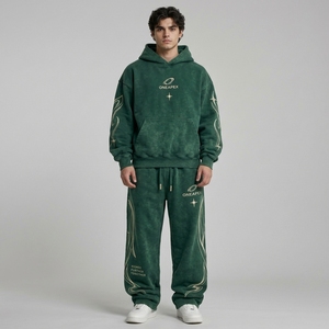 Conjunto de Sudadera con Capucha y Pantalones Jogger Oversize para Hombre, Verde con Lavado Ácido, de Algodón Pesado, Estilo Urbano, Ropa Deportiva a Juego, Prendas Personalizadas - Product Image 1
