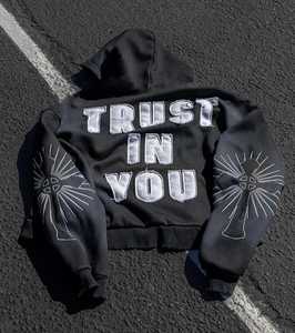 Black Cropped Zip Up Hoodie Men's Oversized Cotton Blend <b>Sweatshirt</b> Embroidered Patch Washed Streetwear - Product Image 4