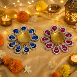 Round Tea Light Holder with Blue and <b>Pink</b> Beaded Floral Design for Wedding Home Decoration - Product Image 3