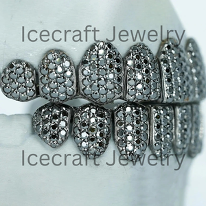 Grillz de luxe personnalisés style diamant noir, capuchons dentaires complets haut de gamme faits à la main en argent sterling 925, fournisseur - Product Image 3