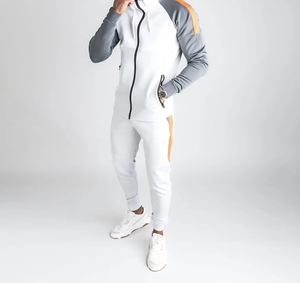 Men's <b>White</b> Gray Orange Color Blocking <b>Tracksuit</b> Full Sleeve Hooded Zipper Front Sporty Casual SpringWear Side Pockets Regular - Product Image 3