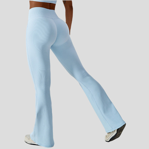 <b>High</b> <b>Waist</b> <b>Flared</b> Leg Yoga <b>Leggings</b> Full Length Solid Light Blue Spandex Nylon Seamless Four-Way Stretch Elastic <b>Waist</b> - Product Image 2