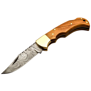 Cuchillos Plegables Hechos a Mano con Acero de Damasco, Mango de Madera Marrón Claro y Bolster de Latón, para Caza y Camping al Aire Libre - Product Image 3