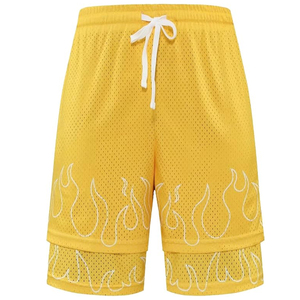 Pantalones Cortos Deportivos de Malla Amarilla para Hombre con Bordado de Llamas, Cintura con Cordón Ajustable, Transpirables e Informales - Product Image 3