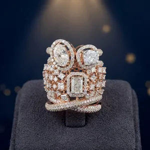 Anillo de cóctel de lujo de oro rosa de 18 quilates con halo de piedras múltiples creadas en laboratorio, con corte ovalado, cojín, redondo y radiante, moderno, certificado por IGI para mujer - Product Image 6