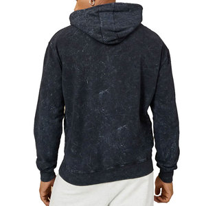 Sweat-shirt à capuche en coton délavé bleu foncé pour homme, coupe classique, style décontracté, en molleton bouclette avec poche et cordon de serrage - Product Image 2