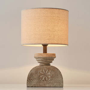 Lámpara de Mesa de Madera Contemporánea Hecha a Mano con Base Tallada y Pantalla de Lino, Iluminación Ecológica para Diwali, Decoración para Dormitorio y Sala de Estar - Product Image 4