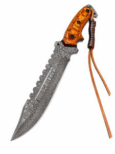 Cuchillo Bowie Welltrox Industries para Camping y Caza, Acero de Damasco, Mango de Madera, Hoja con Borde Serrado, Longitud Total de 15 Pulgadas - Product Image 5