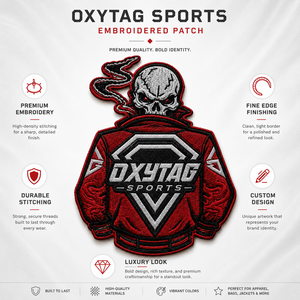 Patch brodé Oxytag Sports thermocollant, forme irrégulière, rouge et noir, en tissu tissé, badge décoratif, prix abordable, personnalisation OEM - Product Image 2