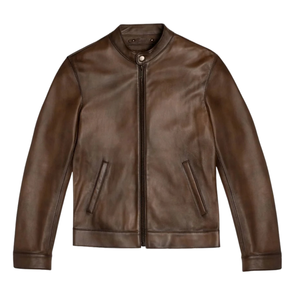 Mens <b>Brown</b> Genuine <b>Leather</b> Streetwear <b>Jacket</b> Snap Tab Collar Zip Front Slimfit Minimalist Premium Casual Custom Winter Outerwear - Product Image 4