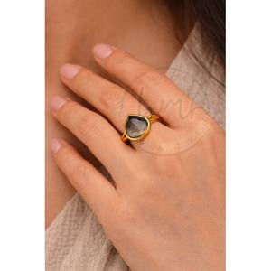 Anillo Ajustable de Latón con Cuarzo Ahumado Natural en Forma de Pera, Bañado en Oro, Clásico y Elegante para Mujer - Product Image 2