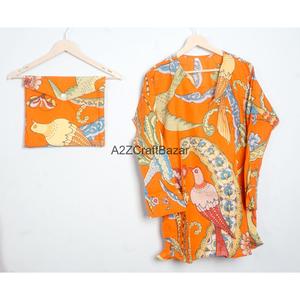 Conjunto de Pijama de Algodón con Estampado Floral Naranja para Mujer, Hecho a Mano, Manga Larga, Cuello en V, Cintura con Cordón Ajustable, Ropa de Dormir Informal de 2 Piezas - Product Image 3