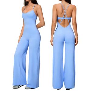Wholesale Women Activewear Seamless <b>Wide</b>-Leg Yoga Jumpsuit Cross <b>Straps</b> Backless Fitness Romper Casual Sporty Bodysuit - Product Image 4