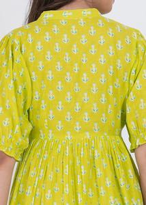 Vestido Mini de Algodón de Primera Calidad para Mujer, con Estampado de Ancla Verde, Mangas Abullonadas, Transpirable y Ligero, Disponible para la Venta - Product Image 3