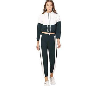 Women Color Blocking Tracksuit Set Full Sleeve Zipper Crop Top With Side Pockets <b>Ankle</b>-Length Pants Sporty Style Spring Wear - Product Image 1