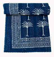 Couvre-lit Kantha en coton imprimé à la main en Inde, motif floral bleu, traditionnel, pour la décoration de la maison, les mariages et les hôtels