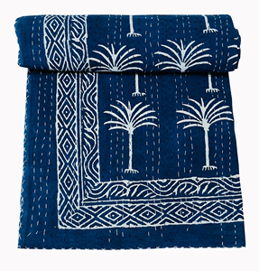Handcrafted Indian Block Print Cotton Kantha <b>Quilt</b> Blue Floral Pattern Traditional Stitched <b>Bedspread</b> Home Decor Wedding Hotel - Product Image 4