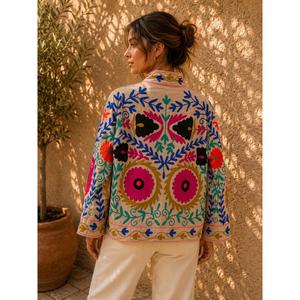 Chaqueta de terciopelo champán de lujo, estilo suzani, con bordado floral, cuello alto, manga larga, estilo bohemio, para mujer, ropa de abrigo de primavera - Product Image 4
