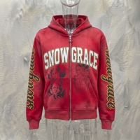 Sweat à capuche unisexe Snow Grace rouge à fermeture éclair, en polaire, coupe ample, design brodé et imprimé, 100% coton, style hip-hop, vêtements d'hiver