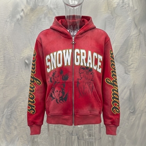 Sudadera con Capucha Roja Unisex Snow Grace, Cierre de Cremallera, Corte Holgado, Diseño Bordado e Impreso, 100% Algodón, Estilo Hip Hop, Ropa de Invierno - Product Image 4