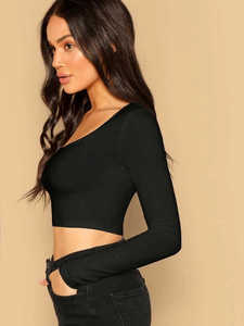 Haut court à manches longues pour femme, noir uni, coupe ajustée, tissu extensible, mode décontractée, streetwear - Product Image 3