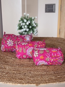 Block Printed Floral Zipper Women Makeup Bag Soft Handle Eco-Friendly Lightweight Vintage Style Multifunction Customizable - Product Image 4