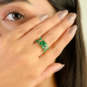14K <b>Gold</b> Floral Emerald Diamond Art Deco <b>Ring</b> for Women - Product Image 1