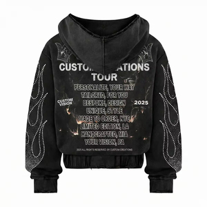 <b>Men's</b> Solid Winter Hoodie Distressed Rhinestone Zip <b>Jacket</b> Acid Wash Vintage Washed Streetwear Polyester/Cotton Embroidered - Product Image 3