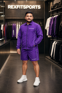 REXFIT SPORTS 2026 Ensemble survêtement léger pour homme, veste et short en nylon violet, fermeture éclair intégrale, idéal pour la gym, l'entraînement et le streetwear - Product Image 2