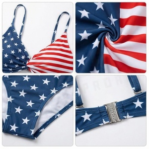 Conjunto de bikini de 2 piezas con estampado de bandera americana para mujer, top de cintura alta con nudo, traje de baño de poliéster y spandex - Product Image 4
