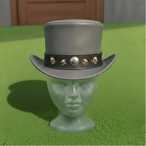 High quality custom made Handmade Grey Leather Skull Top <b>Hat</b> Gothic <b>Steampunk</b> Biker Cosplay <b>Hat</b> - Product Image 3