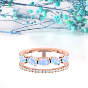 Hot-Selling Natural 5x3mm Oval Shape Rainbow Moonstone Diamond Parallel <b>Ring</b> in 14k Rose Gold Wedding <b>Stacking</b> Jewelry for Women - Product Image 2