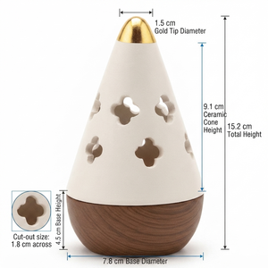 Brûleur d'encens blanc en forme de cône avec découpes en forme de trèfle, une pointe dorée brillante et une base en bois arrondie pour l'aromathérapie et la décoration - Product Image 5
