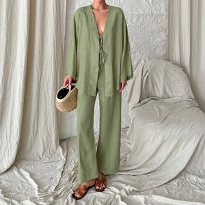 <span class=keywords><strong>Completo</strong></span> da <span class=keywords><strong>donna</strong></span> set di cordoncini da <span class=keywords><strong>donna</strong></span> tute da salto per ragazza cappotto felpa camicia Hawai corpo verde cotone <span class=keywords><strong>lino</strong></span> - Product Image 1