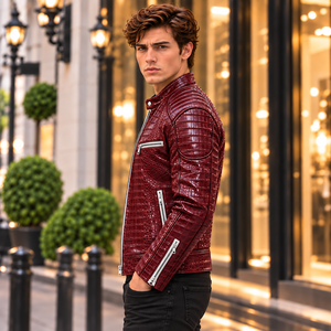 Mens <b>Burgundy</b> for Embossed Genuine <b>Leather</b> Breathable Vintage Biker <b>Jacket</b> Luxury Motorcycle Coat Custom OEM Wholesale - Product Image 3