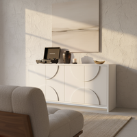 Buffet moderne en MDF et chêne massif, panneau demi-lune, armoire à 4 portes en arc, design en arc, rangement résistant à l'eau